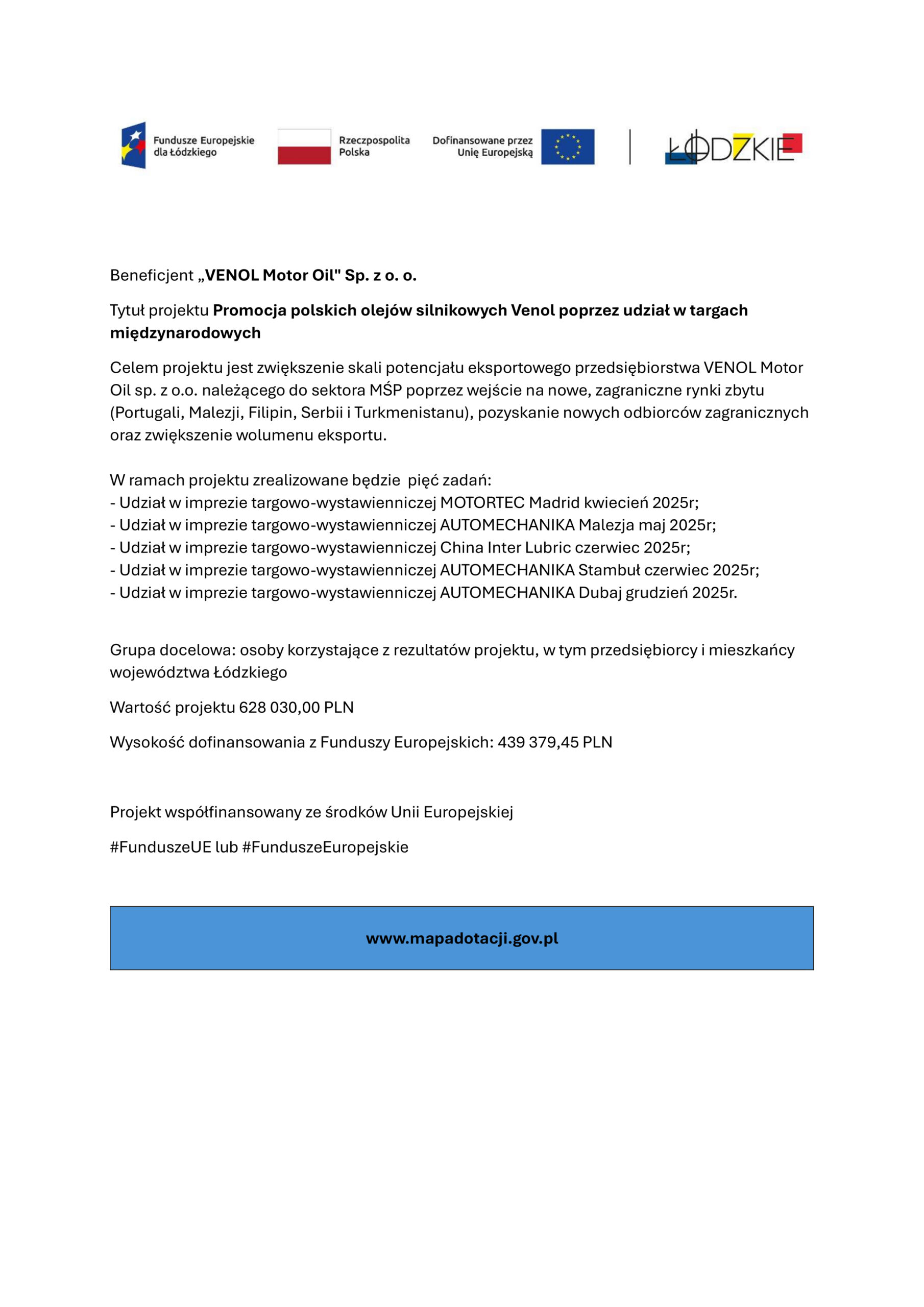 Promocja polskich olejów silnikowych Venol poprzez udział w targach międzynarodowych